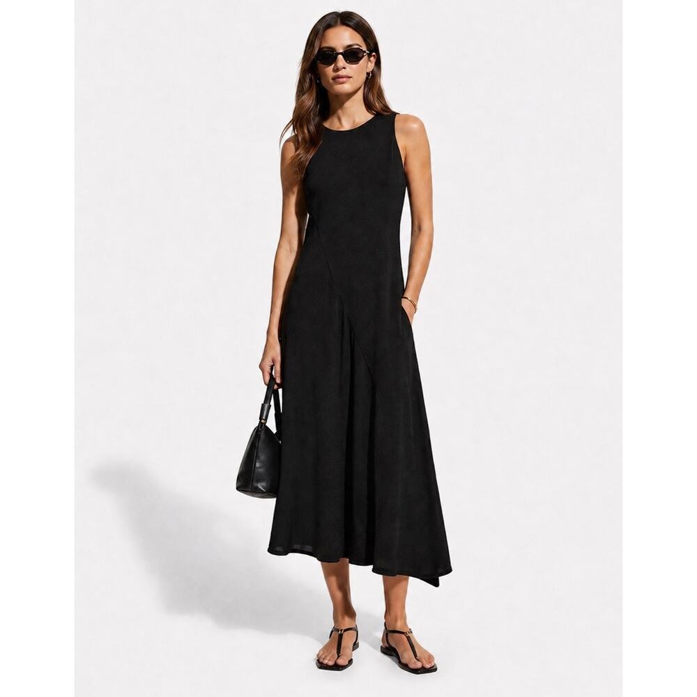 Vince Black Shirred Tank Midi Dress Asymmetrical Cotton Minimalist XS A-Line